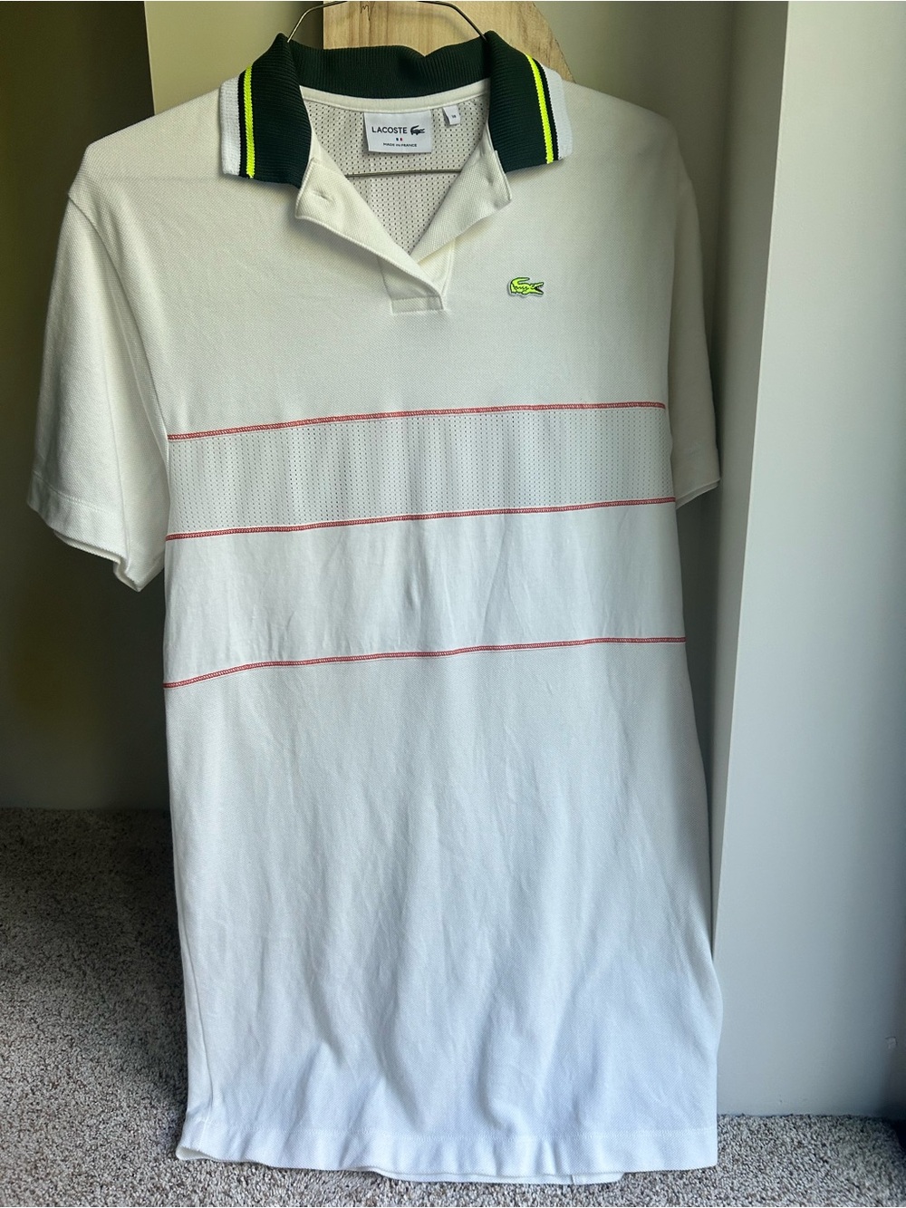 Lacoste Sport Mens Mesh Panel Tennis Polo Shirt White Red Green Collar - Size 38
